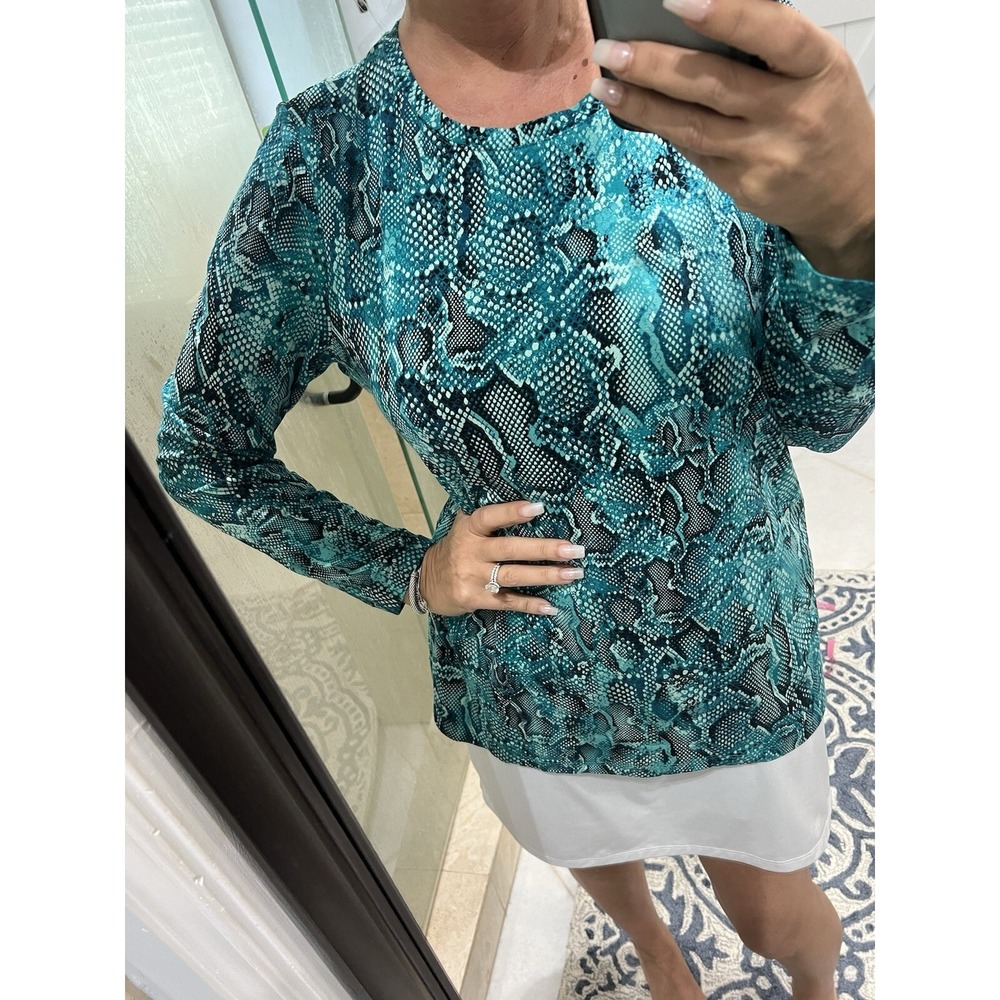 Chico's Blue Green Black Animal Snake Print Long Sleeve Pullover Top Size 2